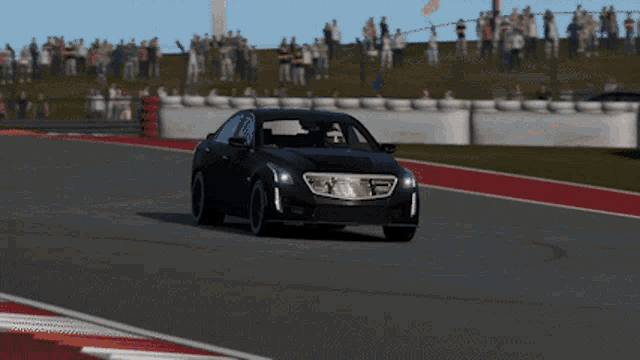 a black car is driving on a race track with a crowd in the background