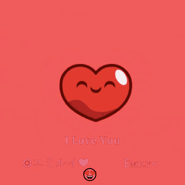 a red heart with a smiling face and the words " i love you emily "