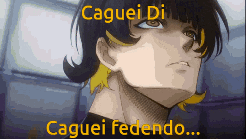 a close up of a person 's face with the words caguei di caguei fedendo below it