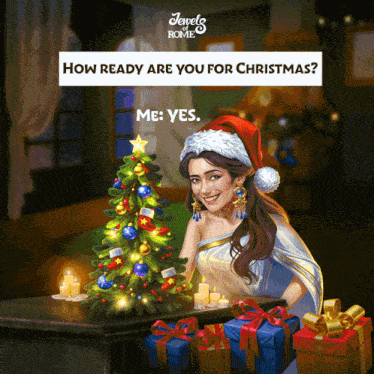 a woman in a santa hat stands in front of a christmas tree and gifts