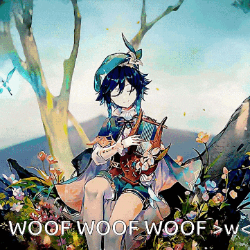 a painting of a girl playing a harp with the words woof woof woof > w < underneath her