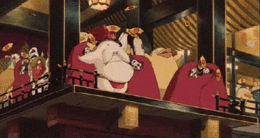 a group of cartoon characters are sitting on a balcony in a room .