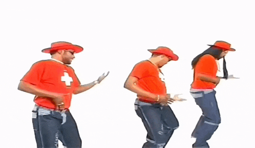 three men wearing red shirts with a cross on them are dancing together