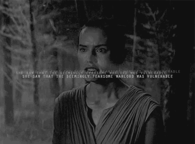 a black and white photo of a woman with the words " she saw that the seemingly fearsome marlord was vulnerable " below her