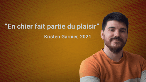 a man stands in front of a yellow background that says " en chier fait partie du plaisir " by kristen garnier