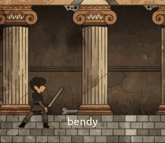a cartoon of a man holding a sword with the word bendy written below him