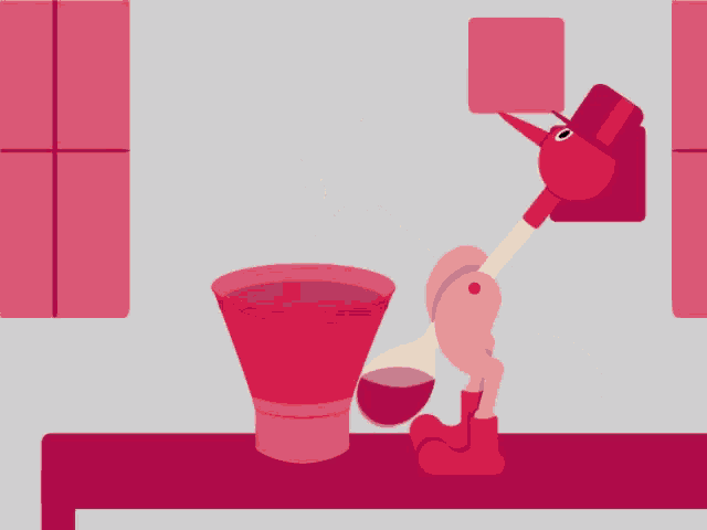 a cartoon drawing of a person pouring a drink into a cup