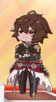 a cartoon character with arms crossed and red eyes