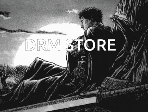 a black and white drawing of a man sitting on a rock with the words drm store above him