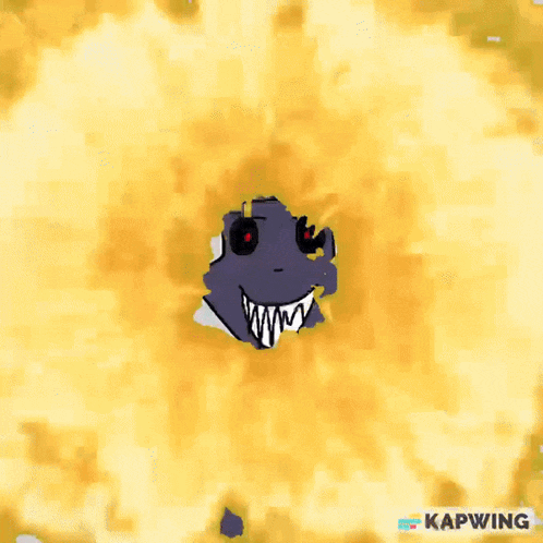a drawing of a monster with red eyes and sharp teeth on a yellow background with kapwing written on the bottom