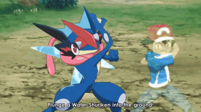 a cartoon of a pokemon with the words plunge a water shuriken into the ground