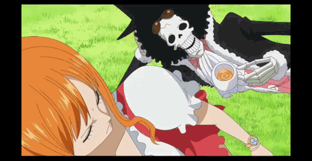 a skeleton is laying on the grass next to a girl