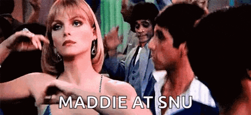 a woman is dancing at a party with a man in the background and the words maddie atsnu written on the bottom