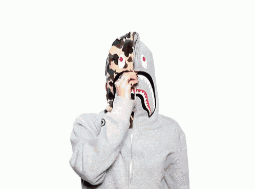 a woman wearing a grey hoodie with a camo hood looks at the camera