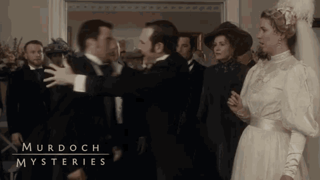 a poster for murdoch mysteries shows a group of people standing in a room