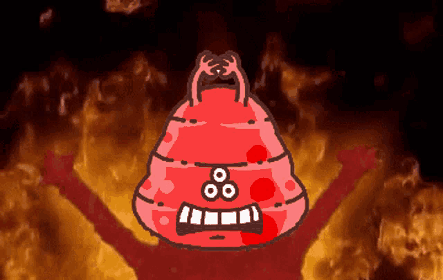 a cartoon drawing of a red object with a face that looks like a poop