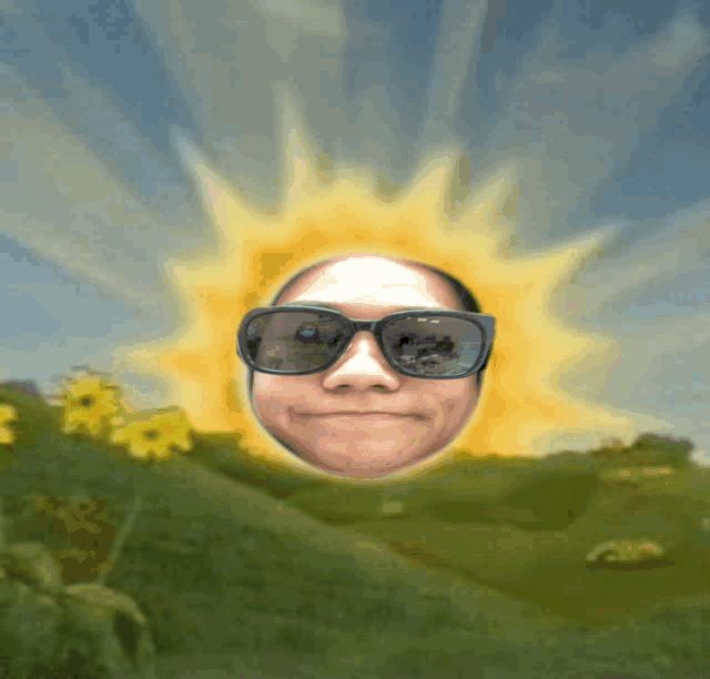 a person wearing sunglasses has their face in the shape of the sun