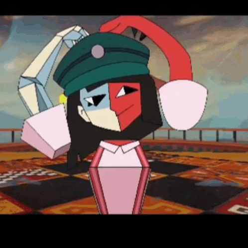a cartoon character is wearing a green hat and a white shirt
