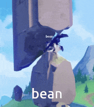 a video game character is standing on a rock with the word bean below it