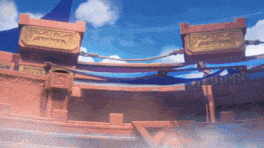 a cartoon drawing of a building with a blue sky in the background and a few boxes with the letter m on them