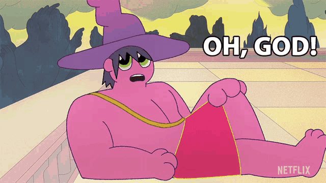 a cartoon character is laying down with the words oh god written on the bottom