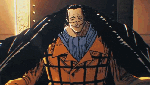 a cartoon of a man in a yellow jacket with black feathers on his head .