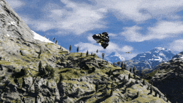 a helicopter is flying over a mountain range with trees on the side