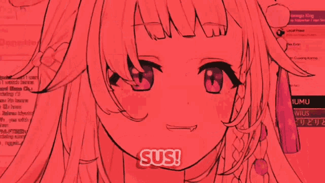a drawing of a girl with a red background and the words sus