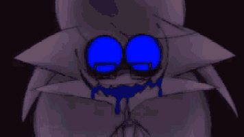 a close up of a cartoon character 's face with yellow eyes and a purple hat .