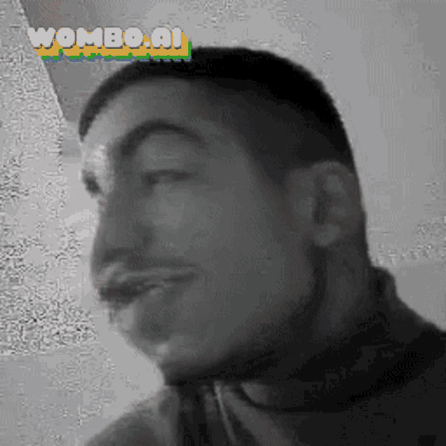 a black and white photo of a man with wombo.ai written on the bottom right