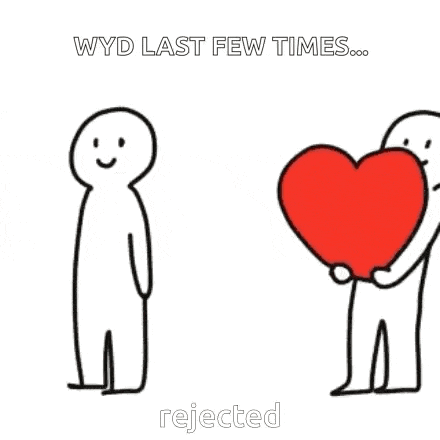 a cartoon of two people shaking hands with the words " wyd last few times rejected " below them