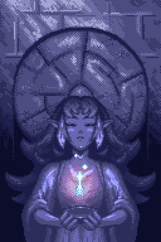 a pixel art illustration of a woman holding a heart shaped object in her hands .