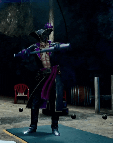 a man in a pirate outfit is holding a sword in a dark room