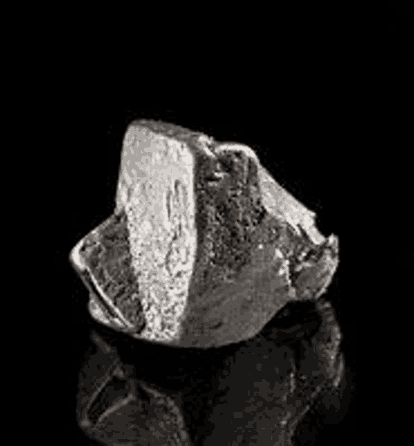 a silver ring is sitting on a black surface .