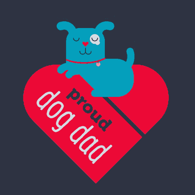 a blue dog is laying on a red heart that says " proud dog dad "