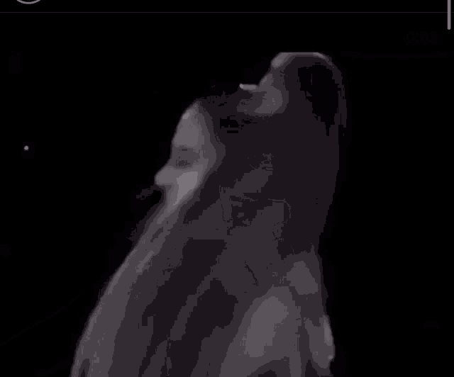 ariana grande is smiling in a black and white photo while dancing on a stage .