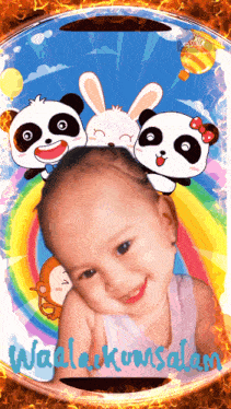 a picture of a baby with pandas and a rainbow behind it