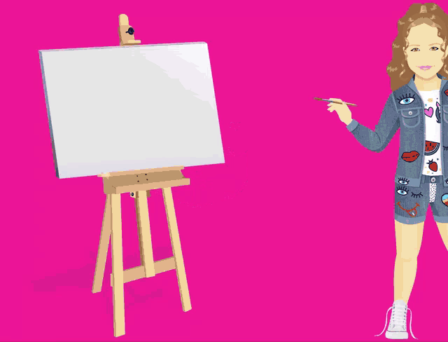 a girl in a denim jacket is holding a palette and a brush while standing in front of an easel