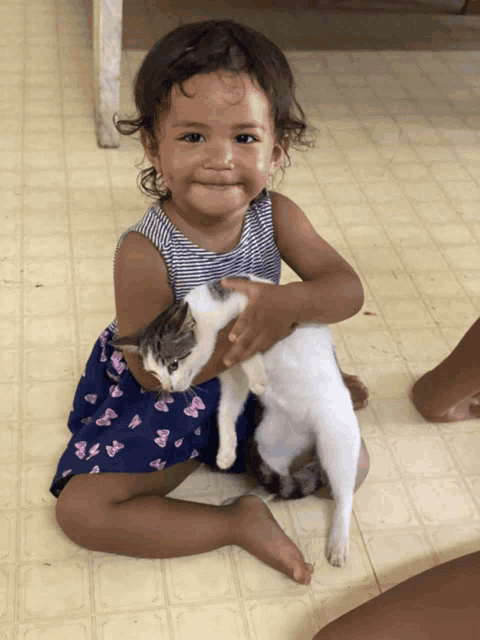 a little girl in a blue dress holds a cat