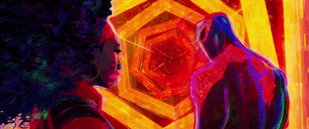 a man and a woman are standing next to each other in front of a colorful background in a painting .