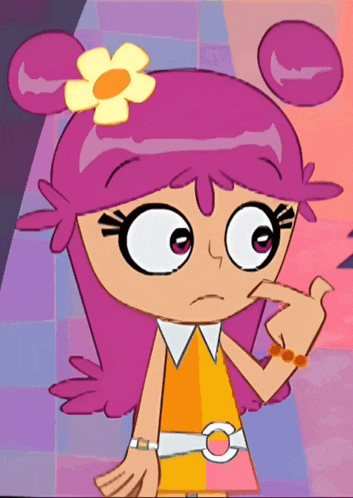 a cartoon girl with pink hair and a flower in her hair has a circle around her waist