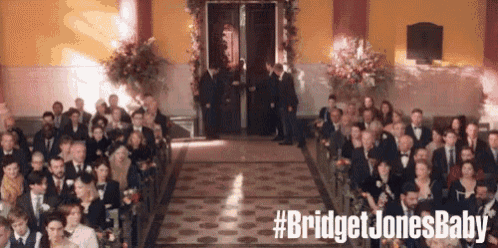 a large group of people are sitting in a church with the words bridget jones baby written on the bottom