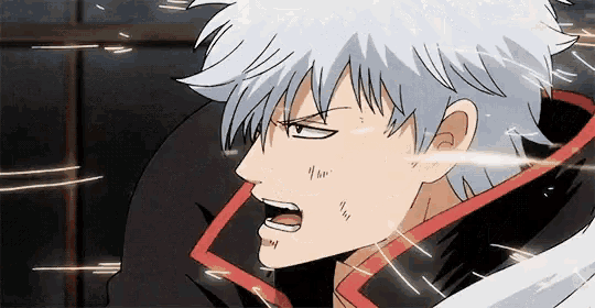 a close up of a person 's face with their mouth open and a sword in his hand .