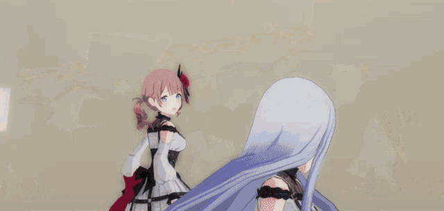 two anime girls are standing next to each other with chinese writing on the wall