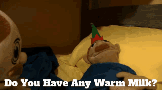 a puppet is laying on a bed with the words do you have any warm milk