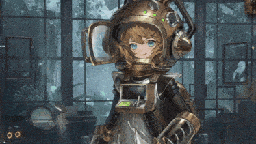 a girl wearing a helmet and headphones stands in front of a glass wall