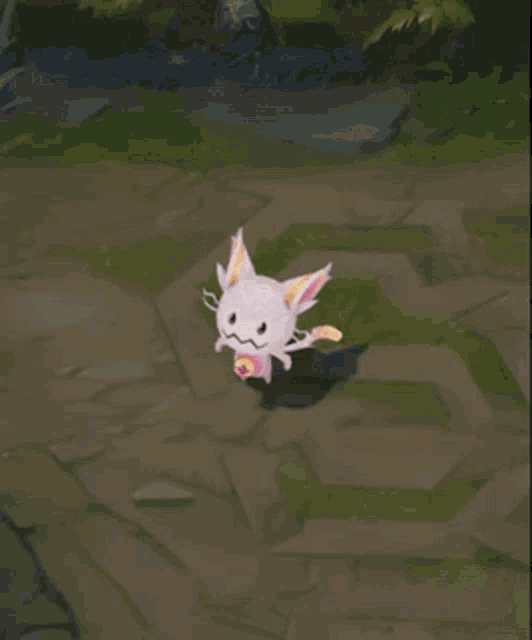 a pink and white cat with a yellow head and tail is standing on a rocky ground .
