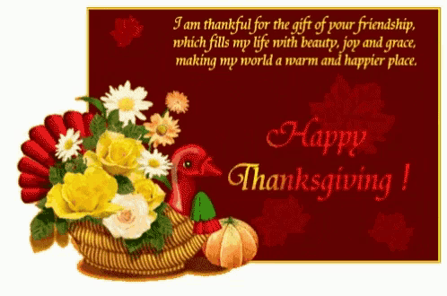 a greeting card for thanksgiving with a turkey and flowers