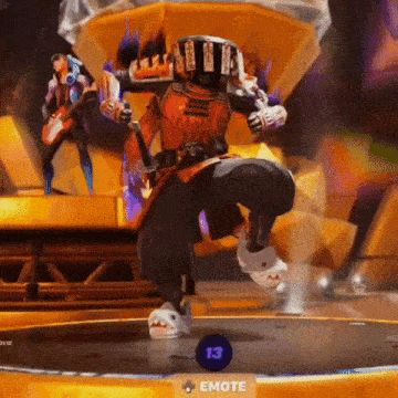 a cartoon character is dancing on a stage in front of a purple ball with the number 13 on it .