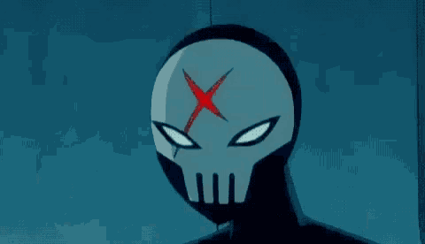a close up of a cartoon character wearing a skull mask with a red x on it .